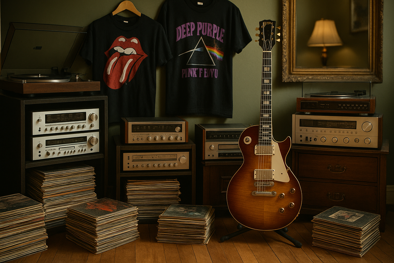 A deep collection of records and stereo equipment, instruments, and clothing.