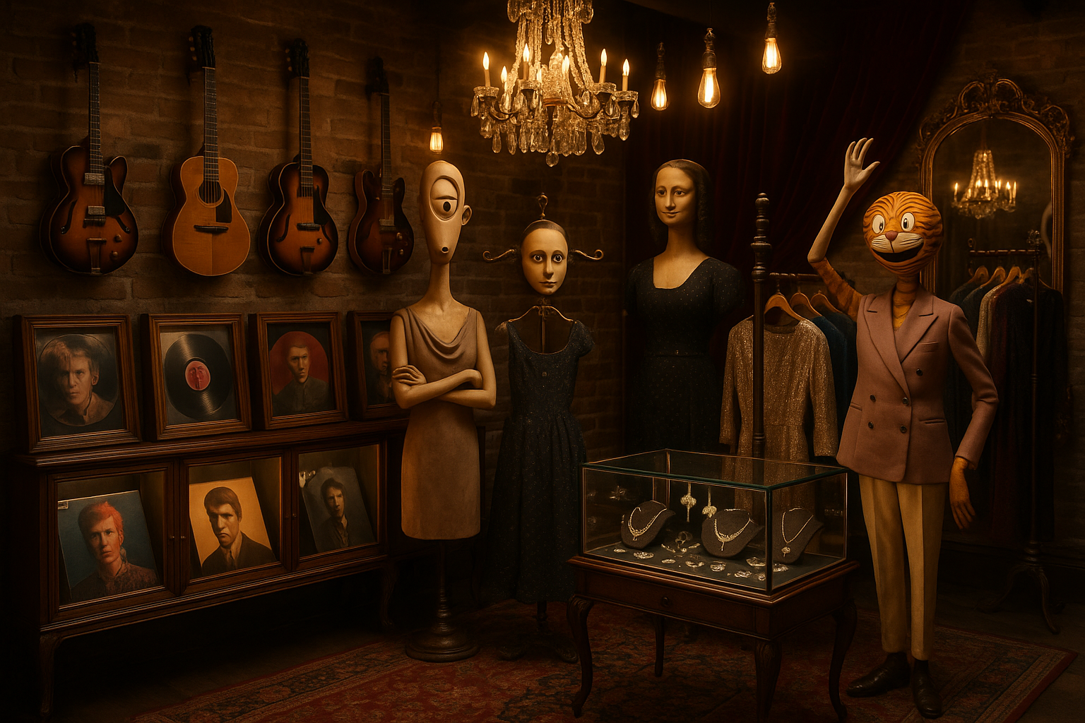 whimsical shop with high end yet unusual items like guitars, records, clothing, jewelry, the ocassional mannequin looking strange